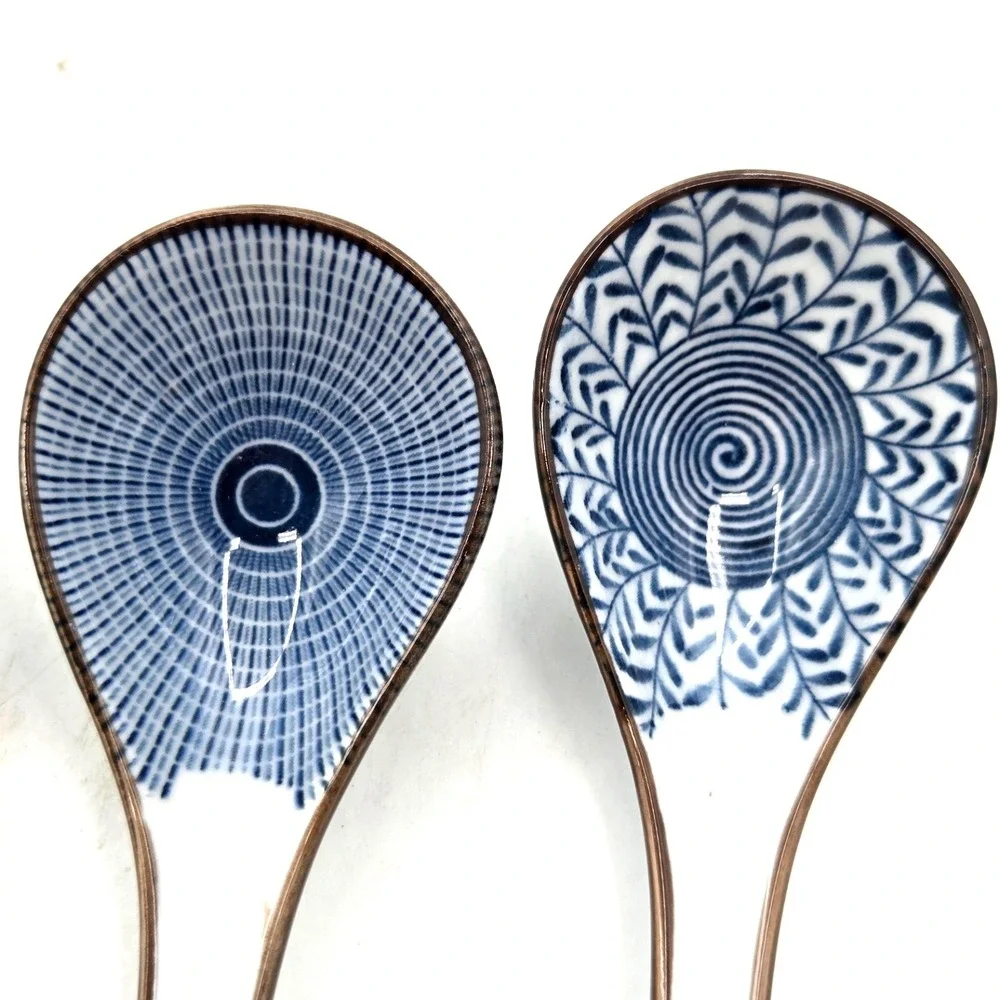 Asian Style Ceramic Soup Spoons Ramen Blue and White Set‎ of 4